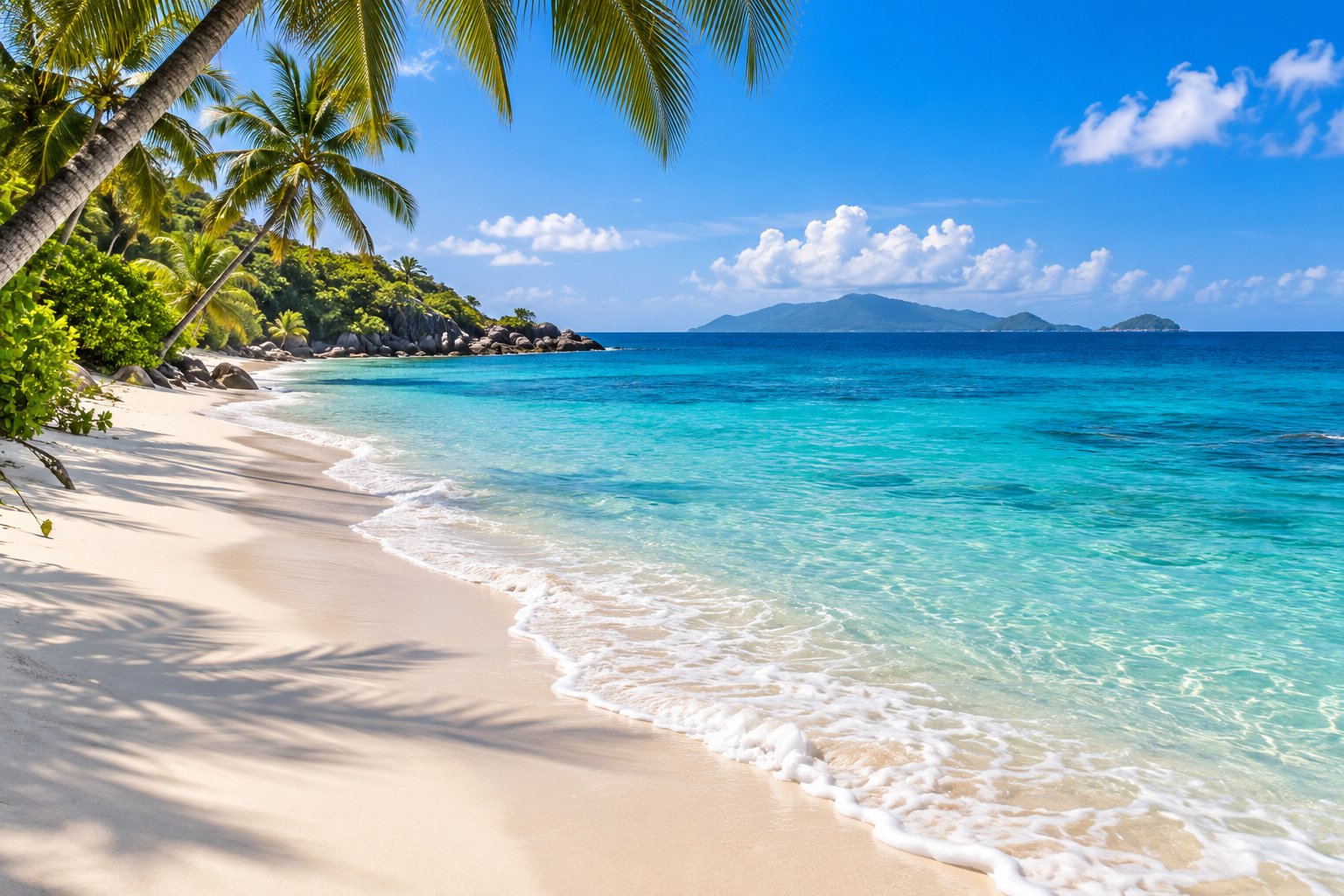 White sand beach with palm trees and turquoise water